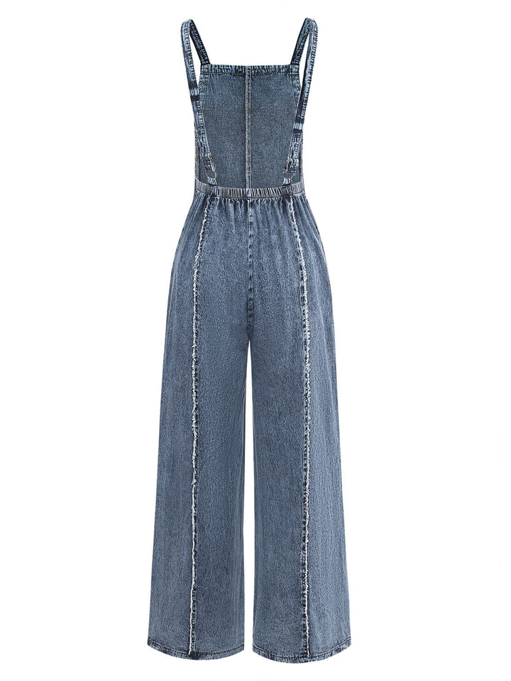 Blue 1970s Denim Wide-Leg Overalls Frayed Jumpsuit, vintage romper, retro jumpsuit - perfect for women who love vintage and retro fashion