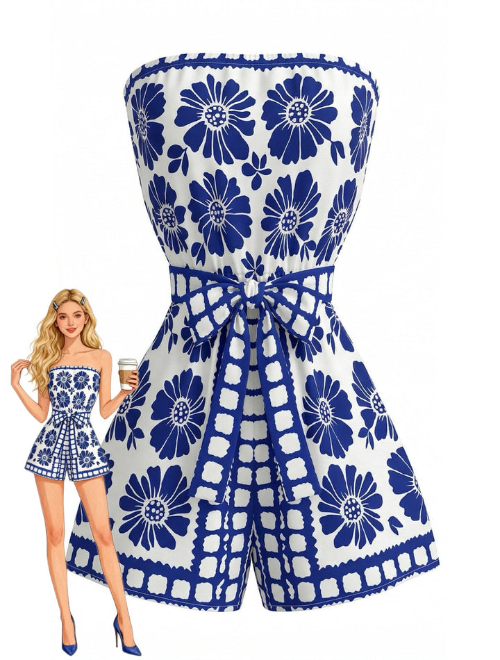 Blue 1970s Floral Strapless Belted Romper - vintage jumpsuit, retro fashion