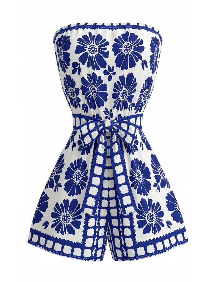 Blue 1970s Floral Strapless Belted Romper - vintage jumpsuit, retro fashion