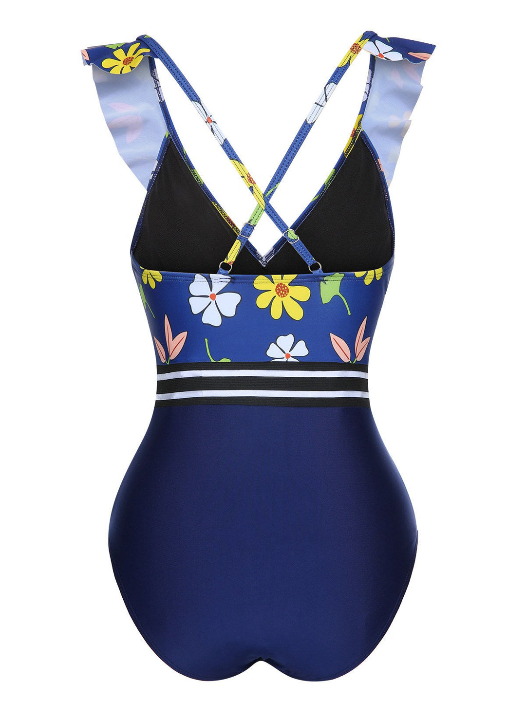 Blue 1970s Flowers Patchwork One-Piece Swimsuit, vintage swimsuit, pin-up swimwear - perfect for women who love vintage and retro fashion