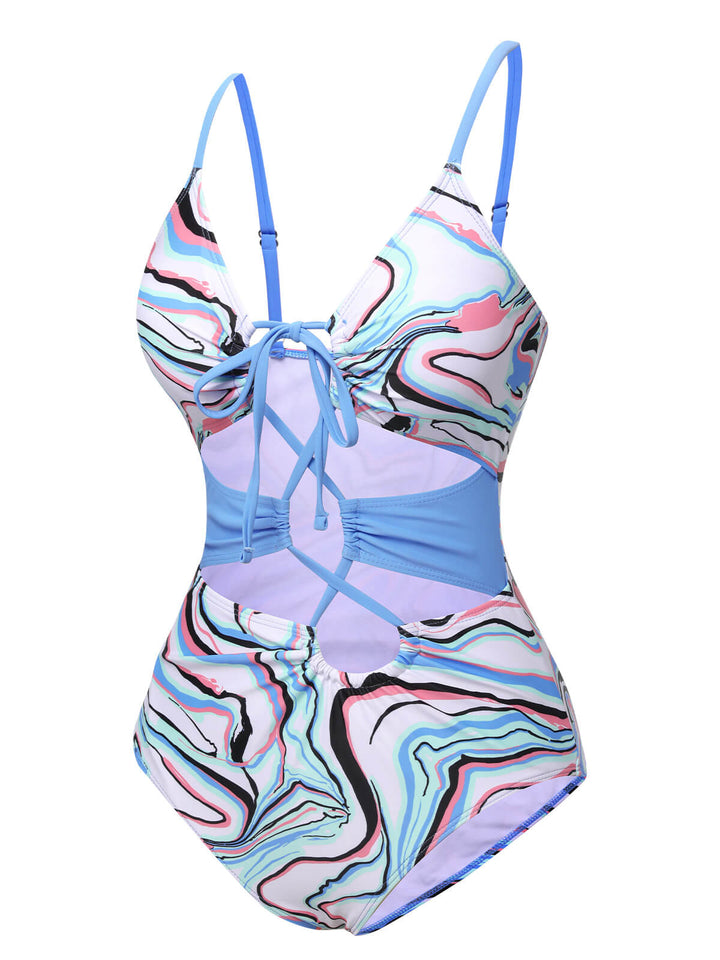 Blue 1970s Marble Print Hollow One-Piece Swimsuit, vintage swimsuit, pin-up swimwear - perfect for women who love vintage and retro fashion
