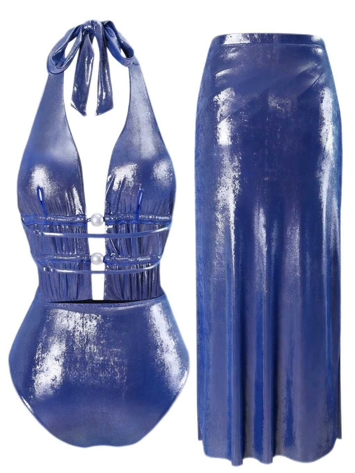 Blue 1970s Pearl Shimmery Halter Swimsuit &amp; Cover-Up: 1970s Riviera elegance, reimagined for her