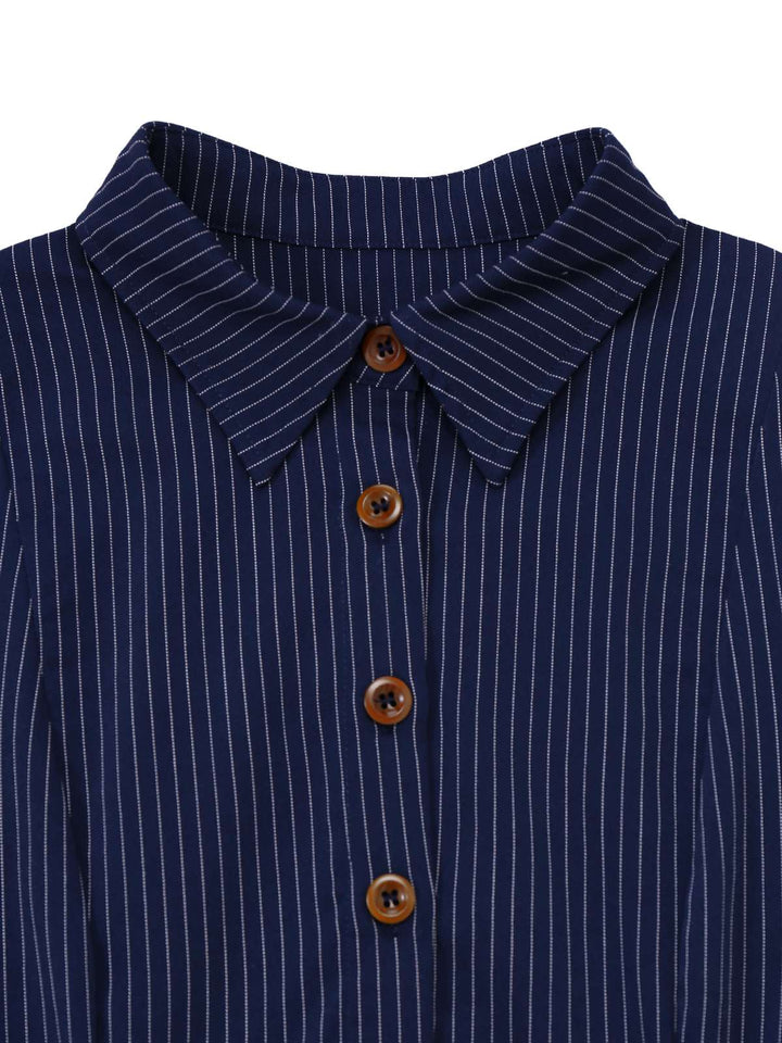 Blue 1970s Pinstripe Pleated Shirt Collar Dress - vintage dress, retro fashion
