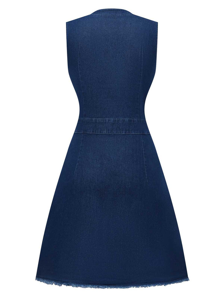 Blue 1970s Pockets Sleeveless A-Line Denim Dress - vintage dress, retro fashion