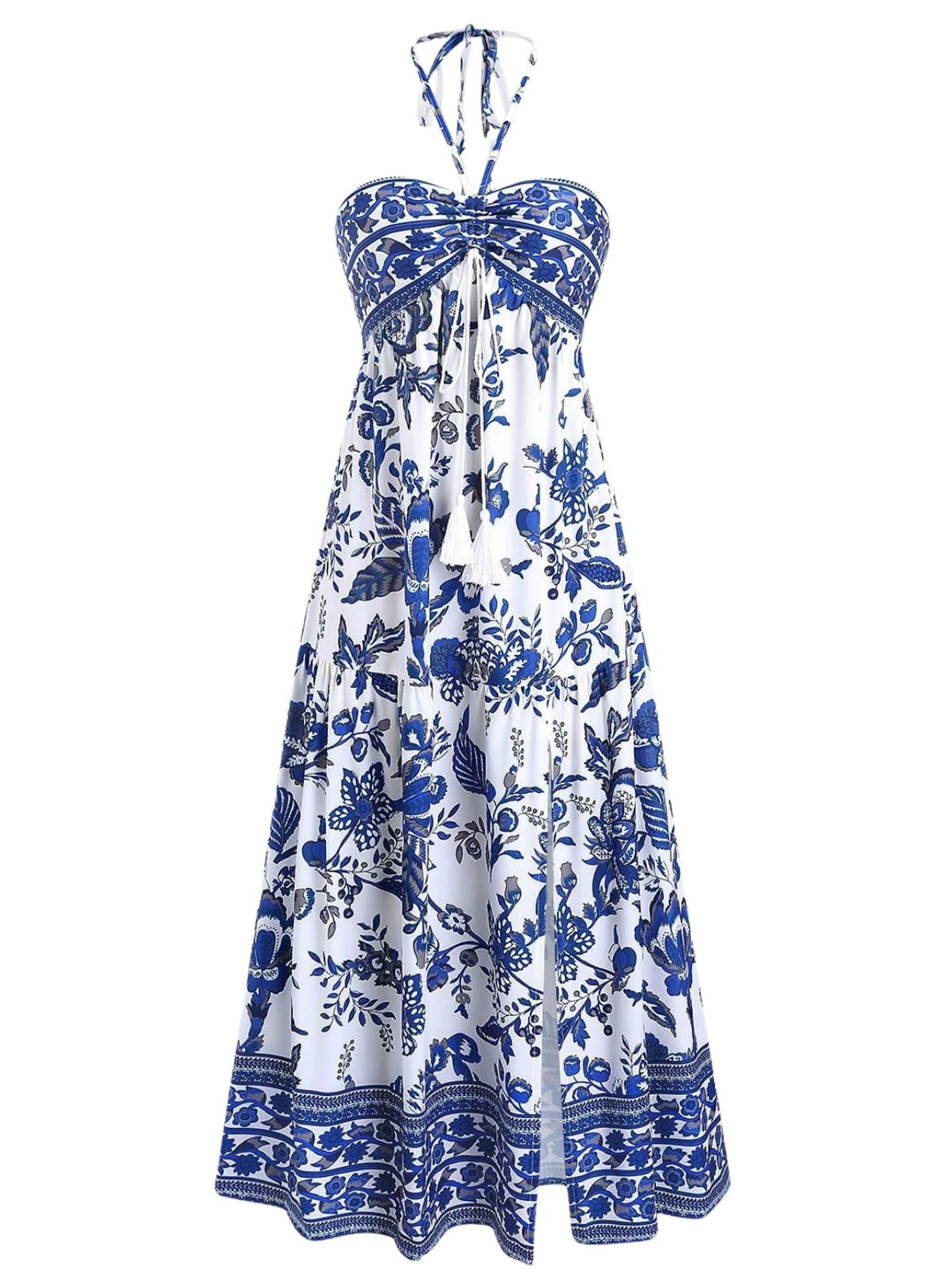 Blue 1970s Porcelain Boho Halter Bind Dress - vintage dress, retro fashion for vintage lovers