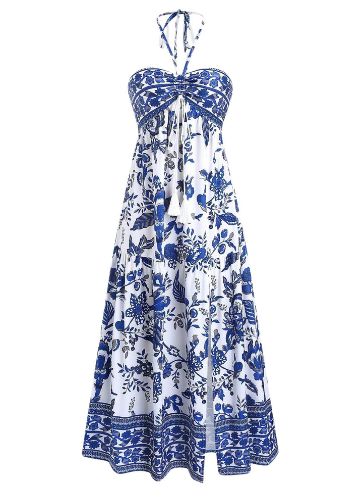 Blue 1970s Porcelain Boho Halter Bind Dress - vintage dress, retro fashion for vintage lovers