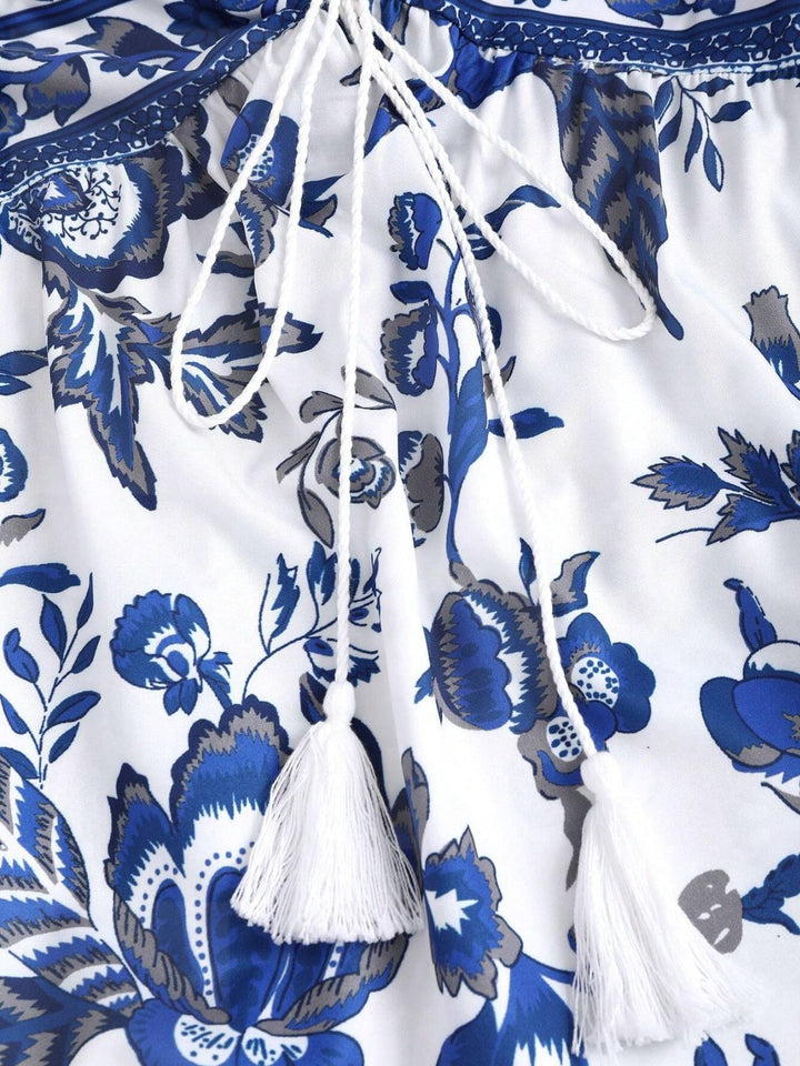 Blue 1970s Print Lace-up Strapless Vacation Long Dress