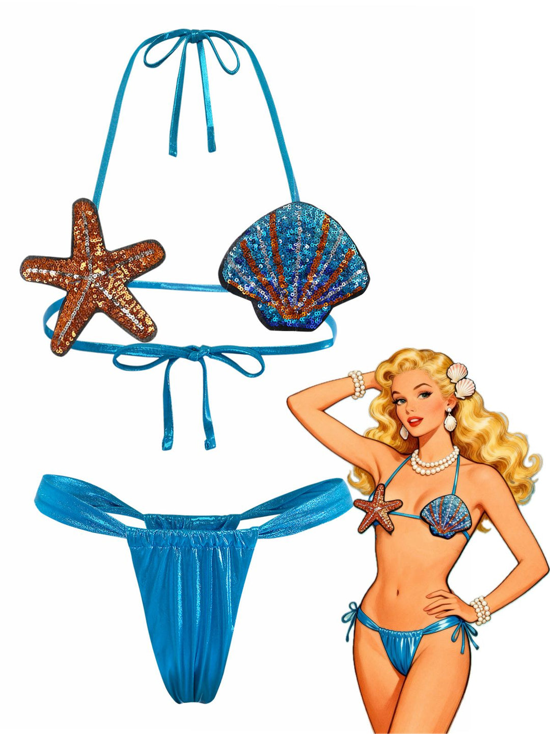 Blue 1970s Shell &amp; Starfish Bikini Set - vintage swimwear, retro swimsuit, pin-up style for vintage lovers