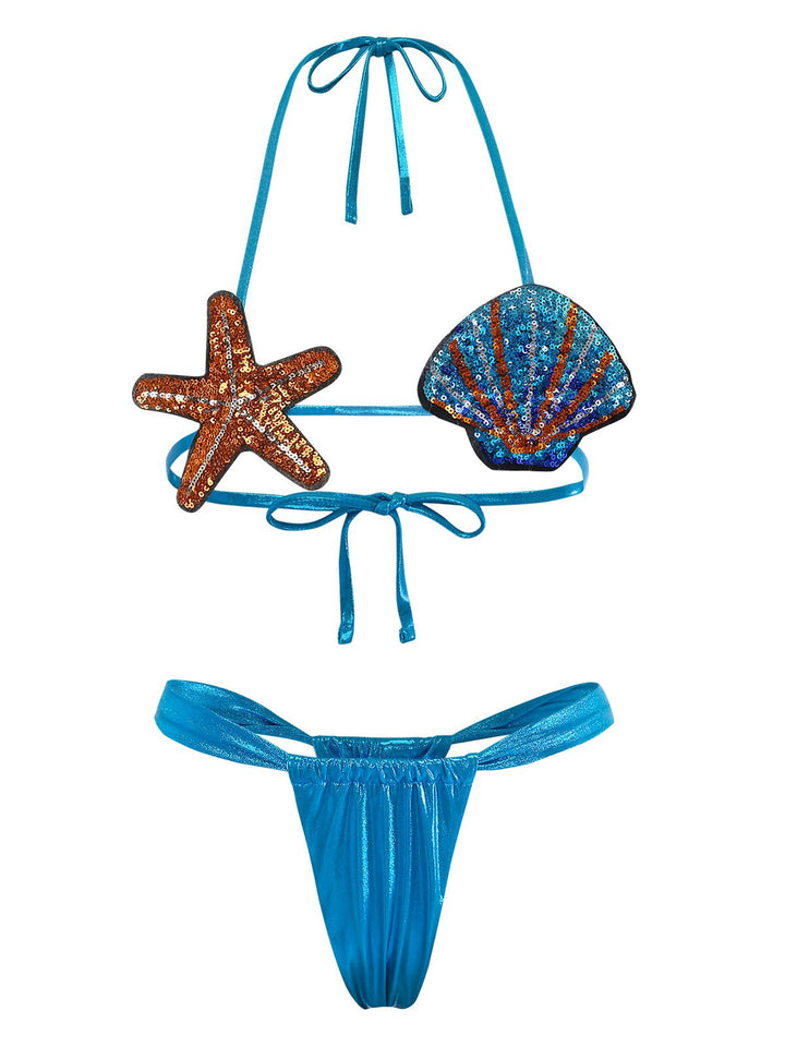 Blue 1970s Shell &amp; Starfish Bikini Set: beautiful vintage swimwear, retro swimsuit, pin-up style with timeless appeal