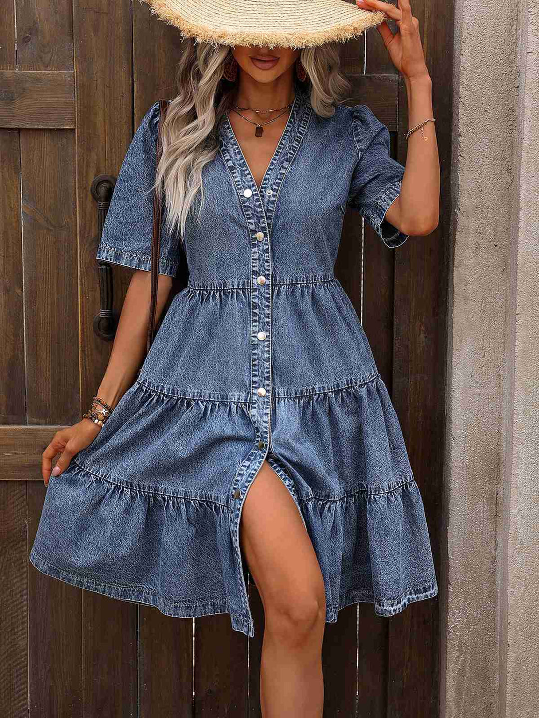 She slips into this Blue 1970s V-Neck Half Sleeves Denim Dress and suddenly it&