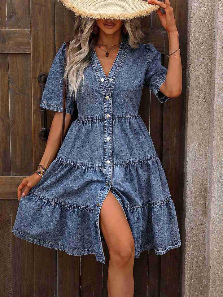 She slips into this Blue 1970s V-Neck Half Sleeves Denim Dress and suddenly it&