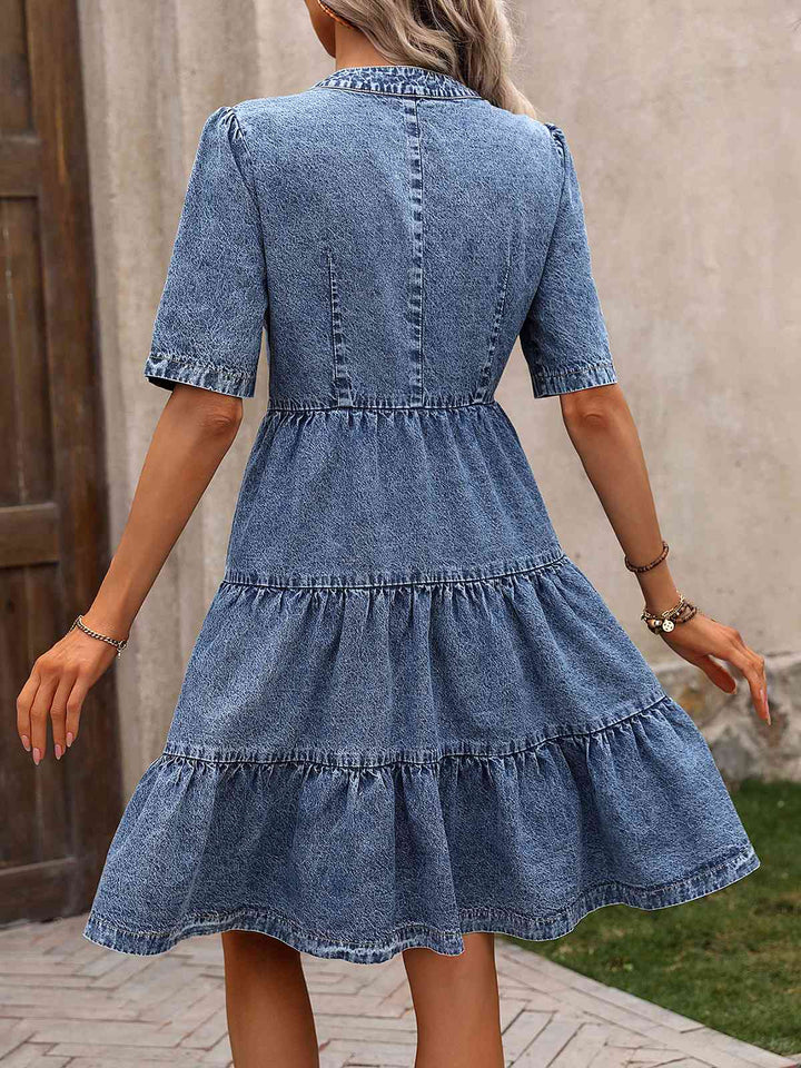 Blue 1970s V-Neck Half Sleeves Denim Dress — the kind of 1970s dress that makes strangers smile