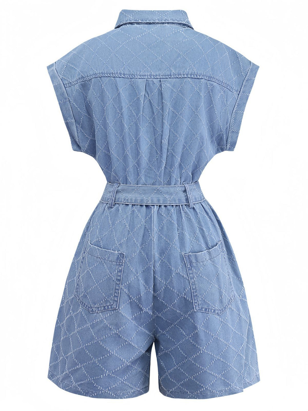 Blue 1980s Denim Button-Down Utility Romper - vintage jumpsuit, retro fashion