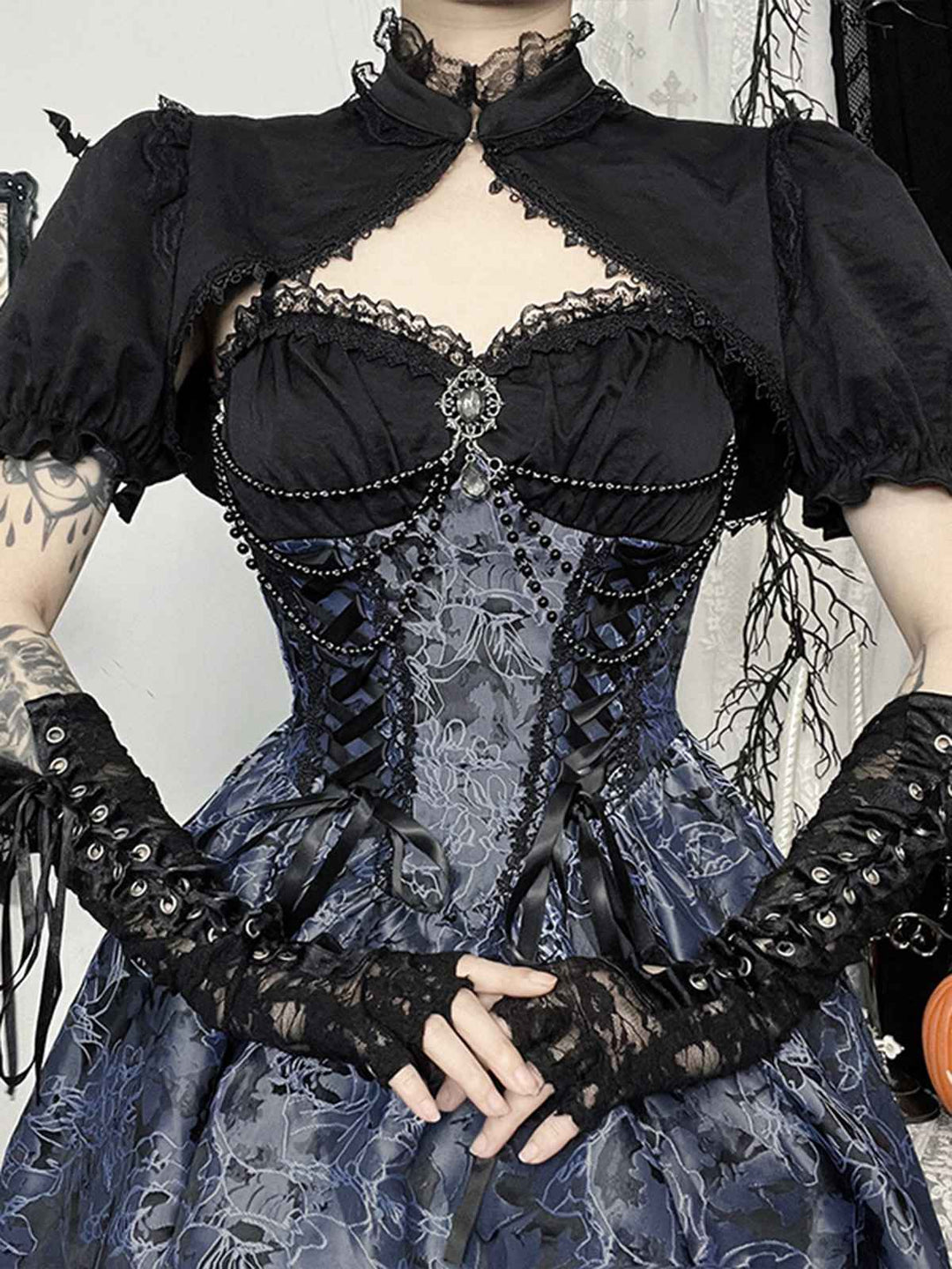 Blue 1980s Gothic Steampunk Floral Print Lace Patchwork Bubble Dress, vintage dress, retro fashion, floral print, lace detail - perfect for women who love vintage and retro fashion