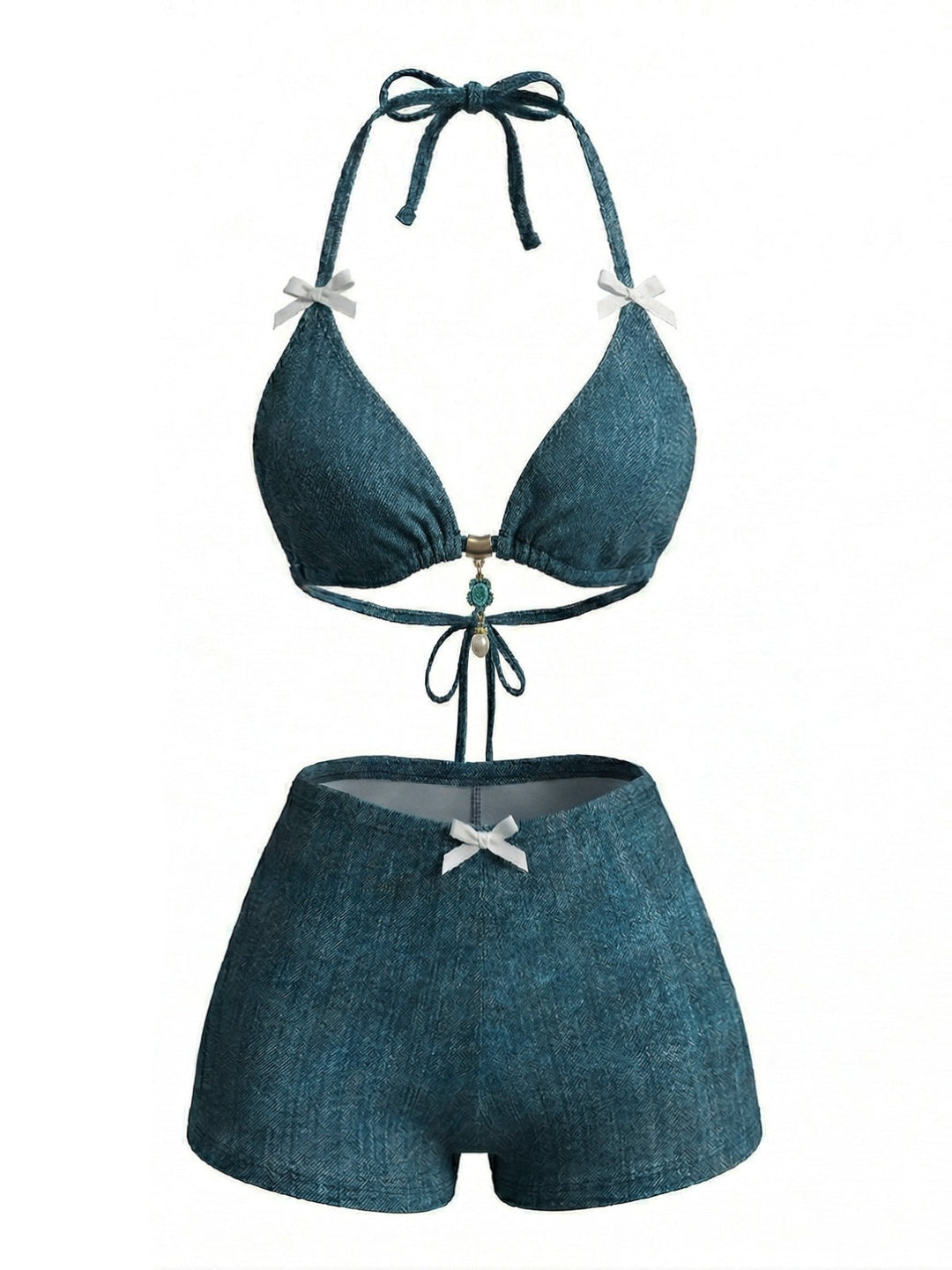 Blue Halter Beaded Denim Bow Bikini Set, vintage swimsuit, swimwear - perfect for women who love vintage and retro fashion