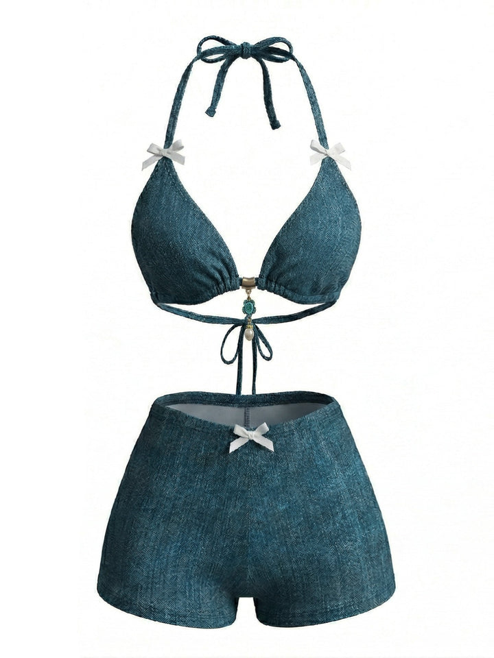 Blue Halter Beaded Denim Bow Bikini Set, vintage swimsuit, swimwear - perfect for women who love vintage and retro fashion