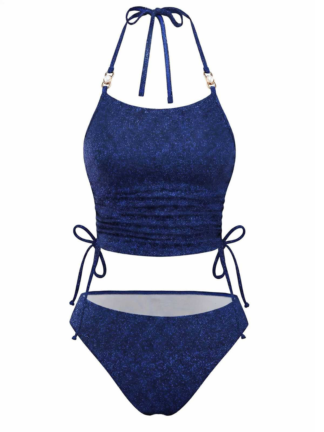 Blue 1980s Halter Pearl Sequin Shimmer Tankini Set: beautiful vintage fashion, retro style, classic elegance with timeless appeal