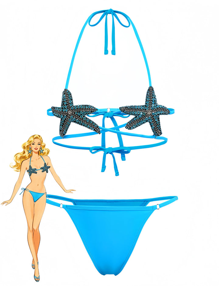 Blue 1980s Halter Starfish Bikini Set - vintage fashion, retro style