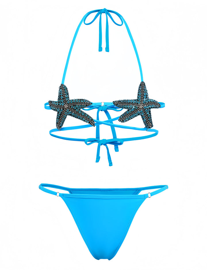 Blue 1980s Halter Starfish Bikini Set - vintage fashion, retro style
