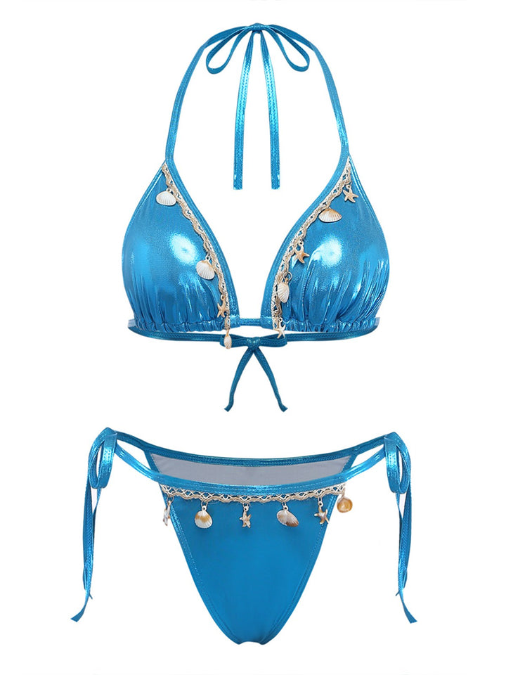 Blue 1980s Metallic Shell Halter Bikini Set: beautiful vintage swimwear, retro swimsuit, pin-up style with timeless appeal