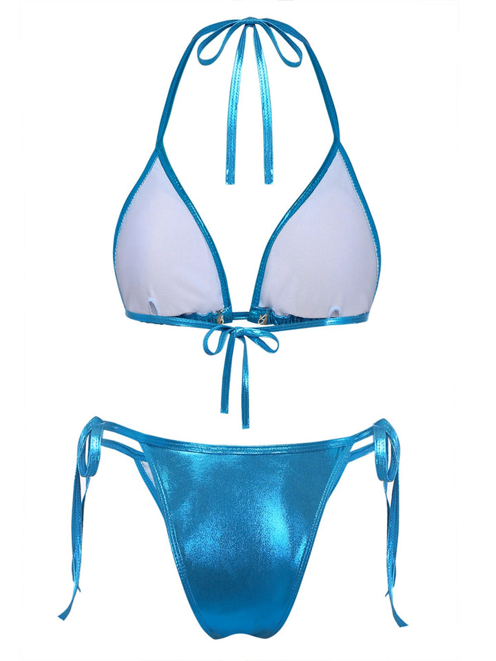 Blue 1980s Metallic Shell Halter Bikini Set | vintage swimwear, retro swimsuit, pin-up style - perfect for retro fashion enthusiasts