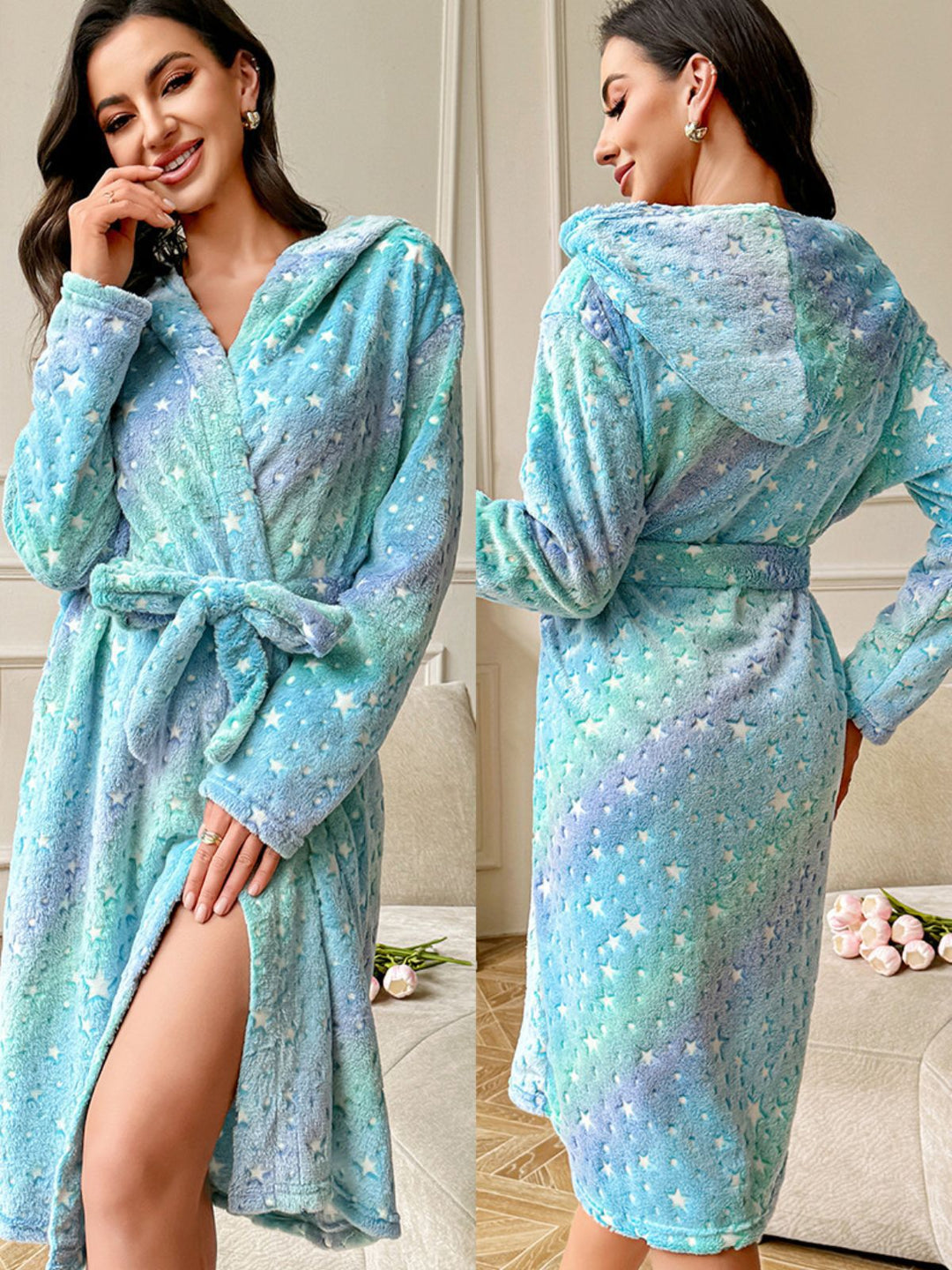 Blue Star Print Hooded Fleece Robe - vintage fashion, retro style