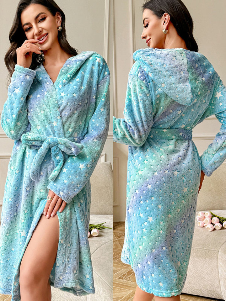 Blue Star Print Hooded Fleece Robe - vintage fashion, retro style