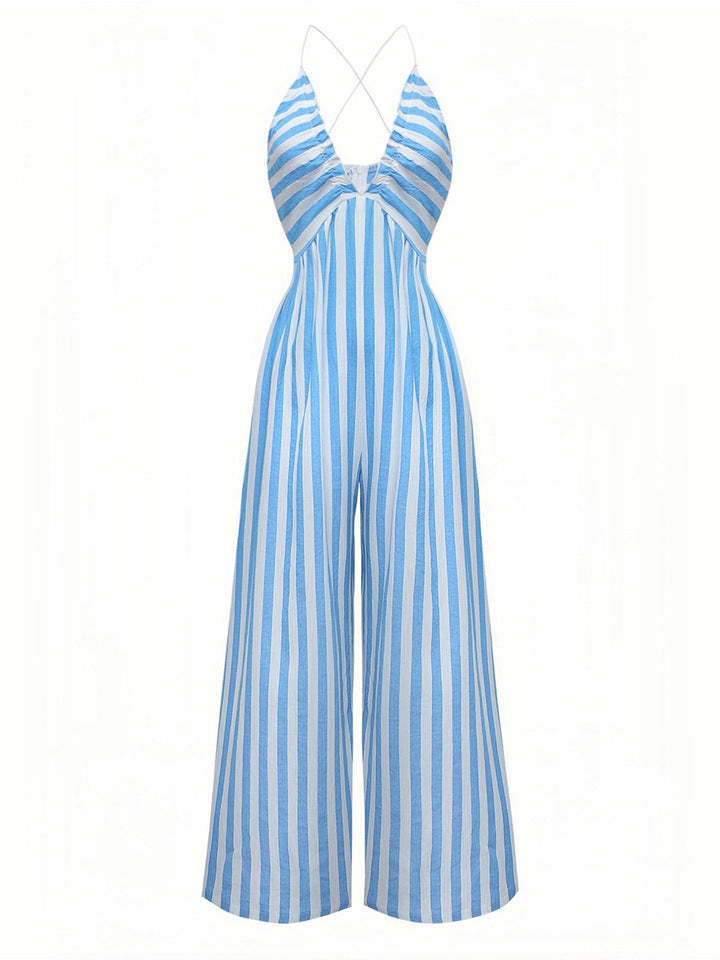 Blue 1980s Striped Deep V Spaghetti Strap Jumpsuit - vintage jumpsuit, retro fashion