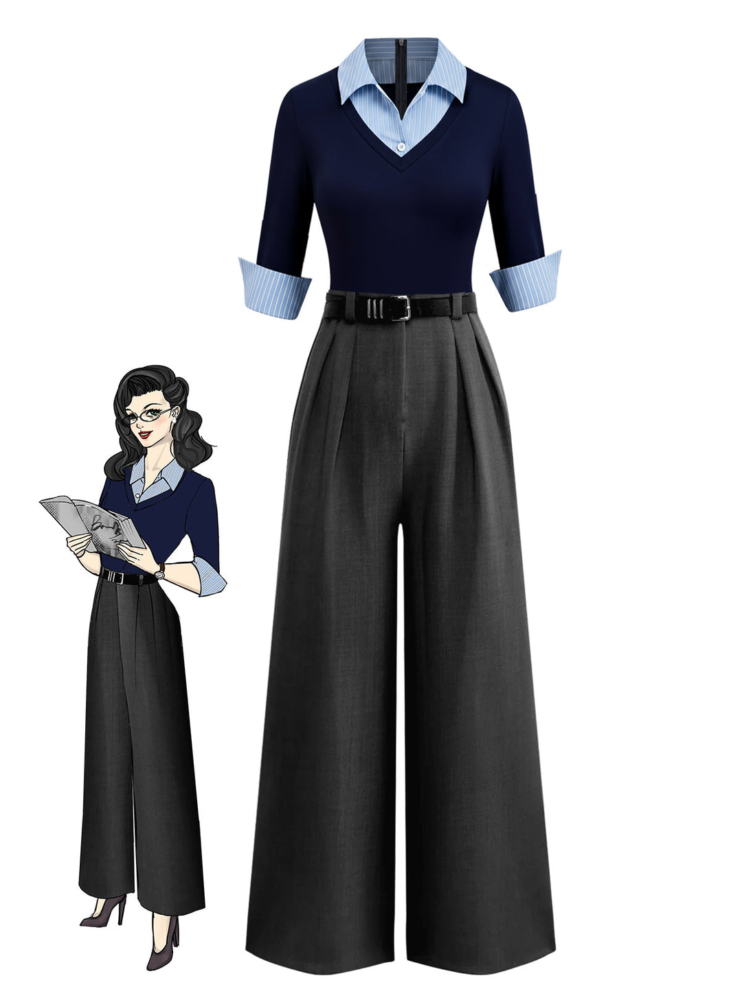 Blue &amp; Gray 1940s Knit Colorblock 3/4 Sleeve Shirt Jumpsuit - vintage romper, retro jumpsuit, playful style for vintage lovers