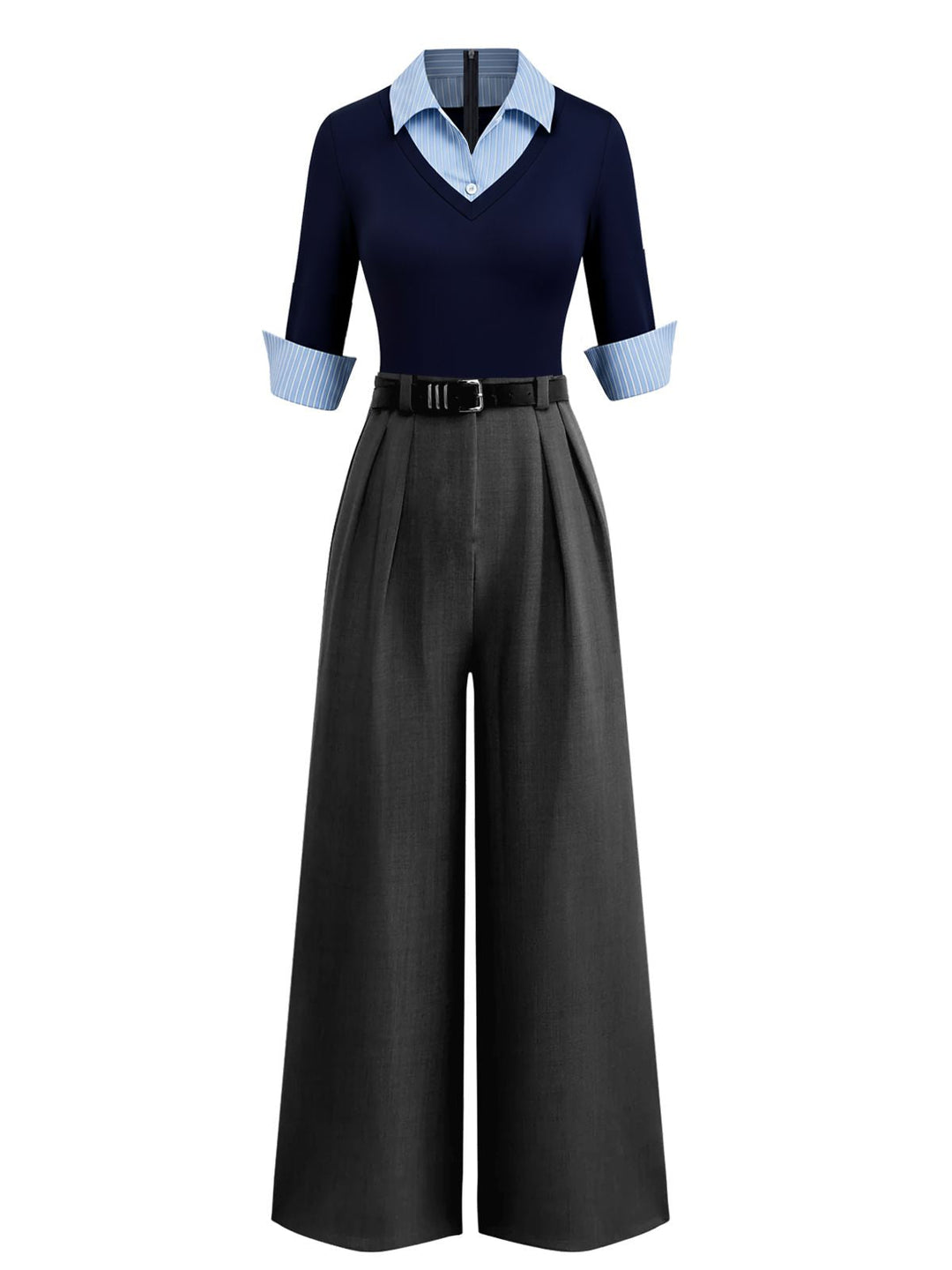 Blue &amp; Gray 1940s Knit Colorblock 3/4 Sleeve Shirt Jumpsuit: beautiful vintage romper, retro jumpsuit, playful style with timeless appeal