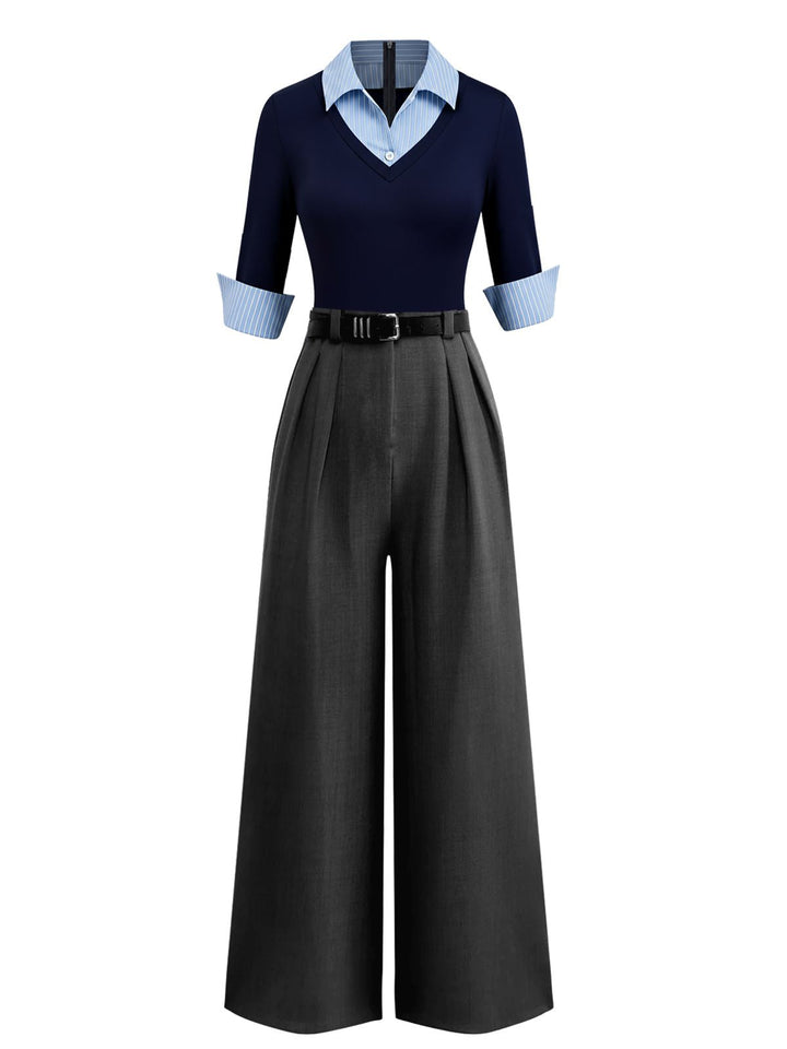 Blue &amp; Gray 1940s Knit Colorblock 3/4 Sleeve Shirt Jumpsuit: beautiful vintage romper, retro jumpsuit, playful style with timeless appeal