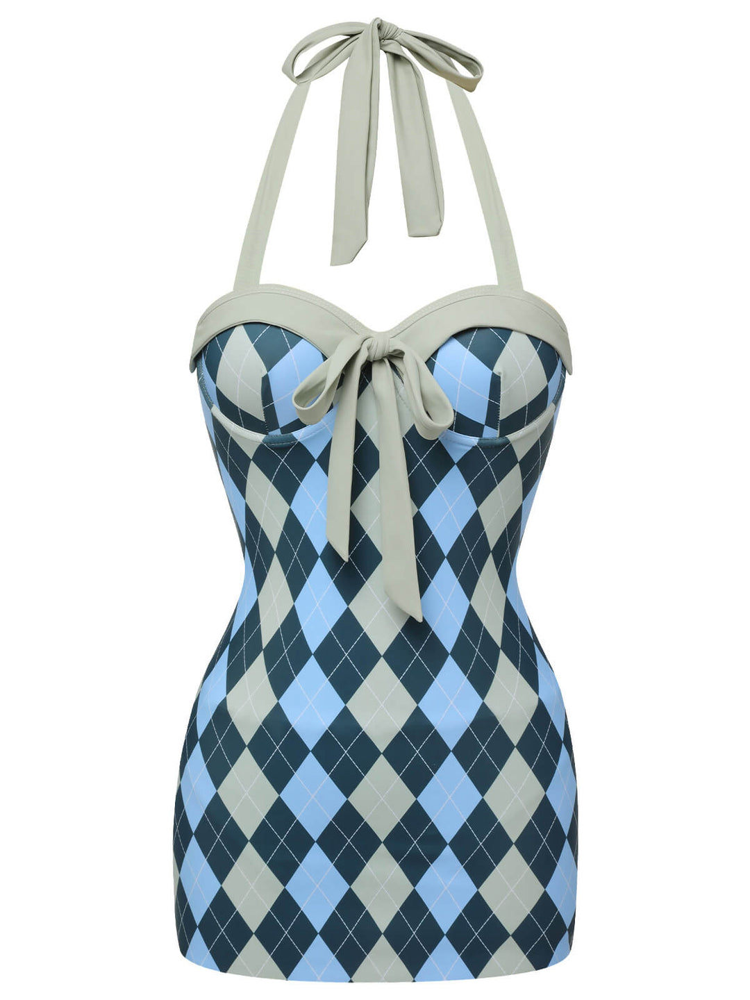 Blue Gray 1950s Argyle Halter One-Piece Swimsuit, vintage swimsuit, pin-up swimwear - perfect for women who love vintage and retro fashion