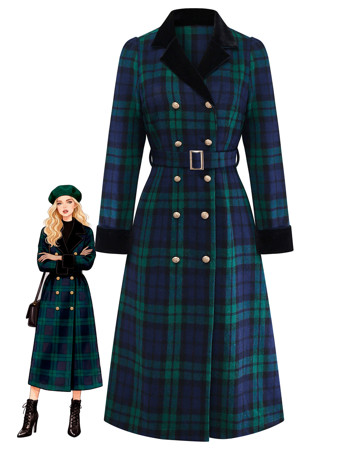 Blue &amp; Green 1940s Plaid Notched Collar Coat - vintage fashion, style