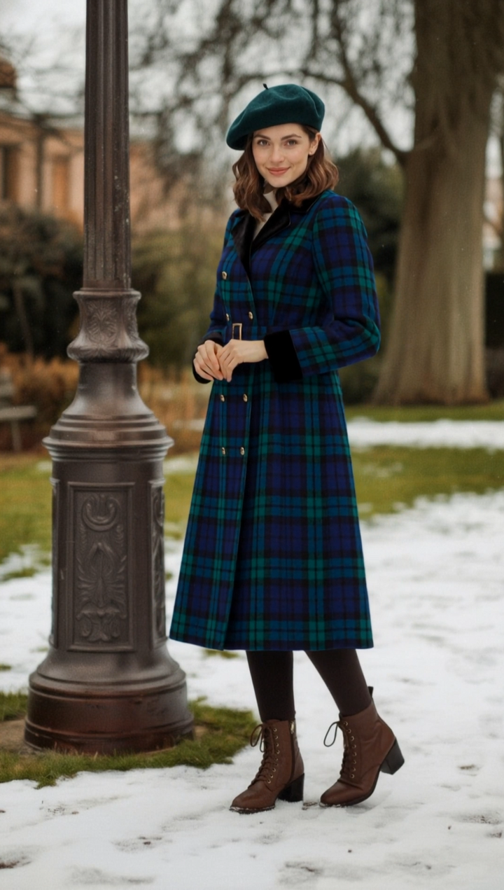 Blue &amp; Green 1940s Plaid Notched Collar Coat - vintage fashion, style