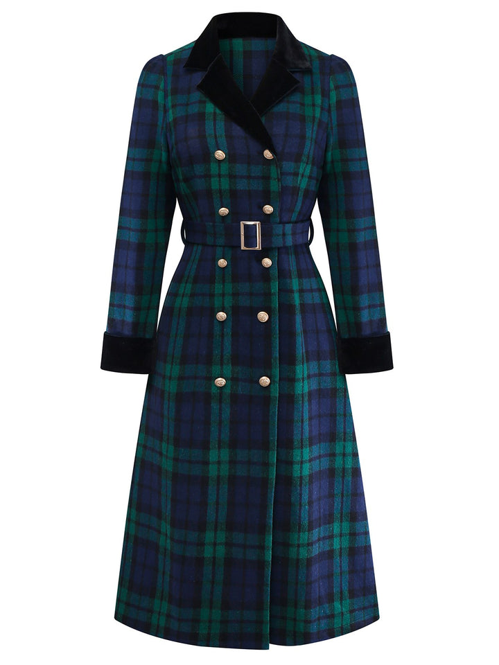 Blue &amp; Green 1940s Plaid Notched Collar Coat - vintage fashion, style