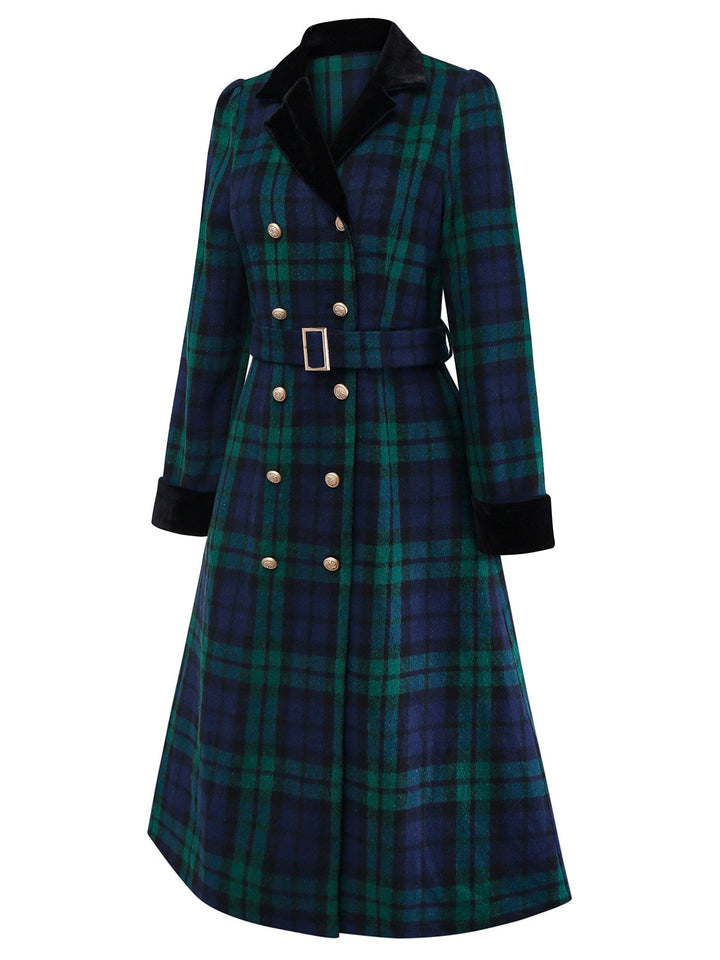 Blue &amp; Green 1940s Plaid Notched Collar Coat - vintage fashion, style