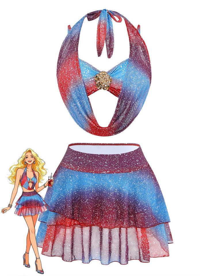 Blue &amp; Red 1950s Gradient Glitter Halter Skirt Swimsuit Set - vintage skirt, retro style, swing skirt for vintage lovers