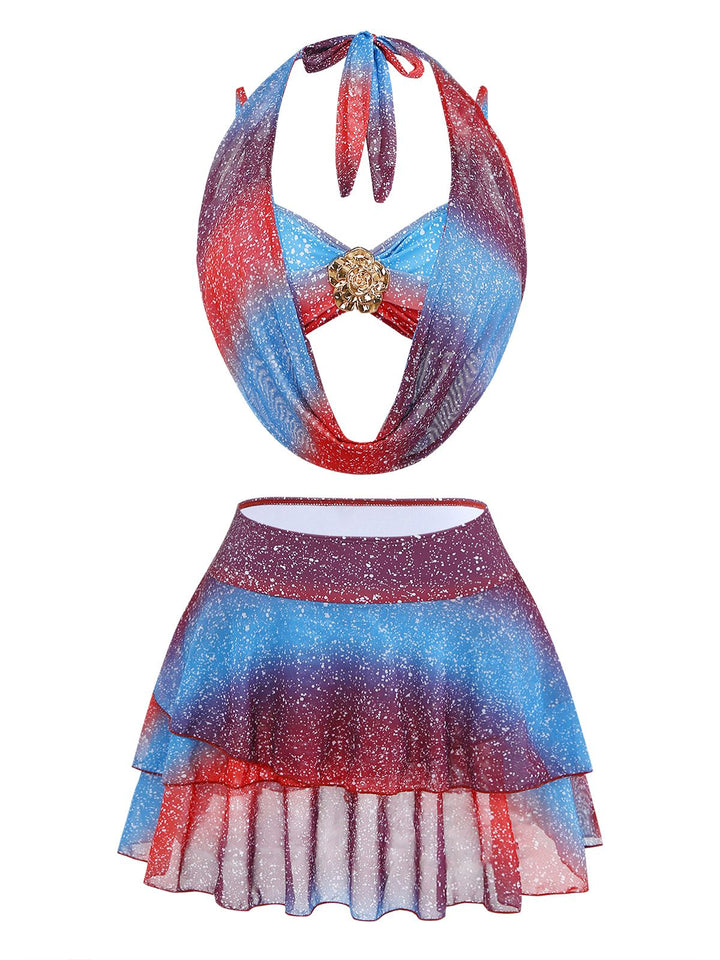 Blue &amp; Red 1950s Gradient Glitter Halter Skirt Swimsuit Set: beautiful vintage skirt, retro style, swing skirt with timeless appeal