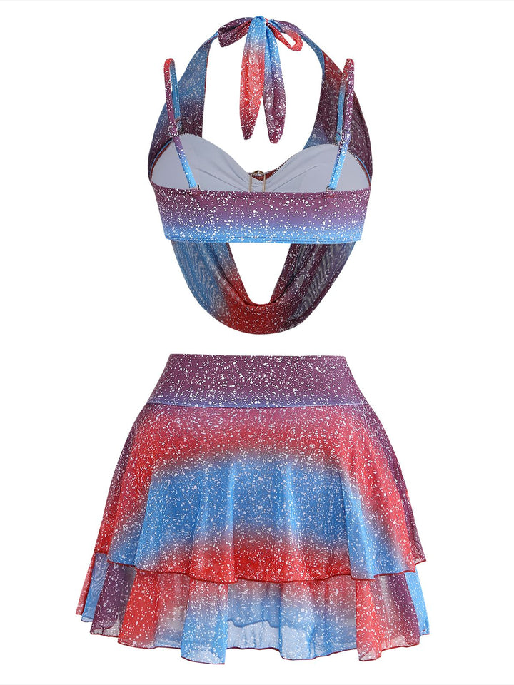 Blue &amp; Red 1950s Gradient Glitter Halter Skirt Swimsuit Set | vintage skirt, retro style, swing skirt - perfect for retro fashion enthusiasts