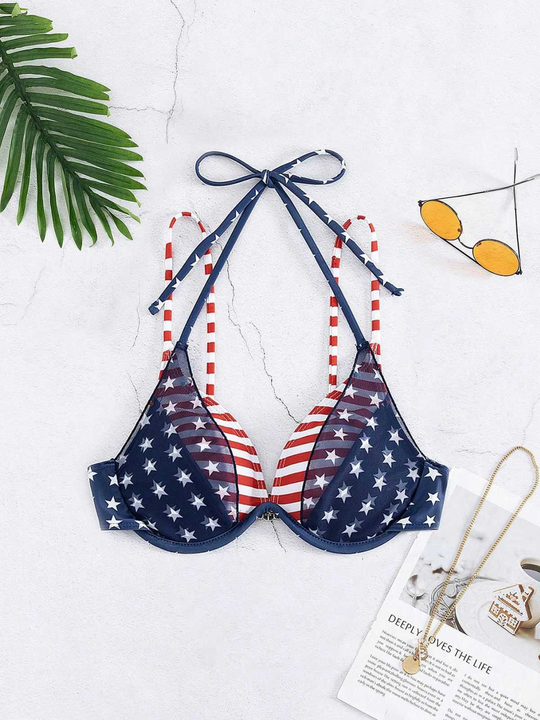 Blue &amp; Red 1950s Stars &amp; Stripes Bikini Top - vintage fashion, retro style, elegant red
