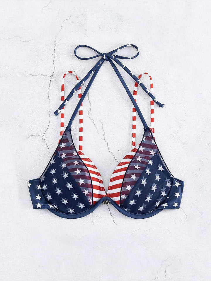 Blue &amp; Red 1950s Stars &amp; Stripes Bikini Top - vintage fashion, retro style, elegant red