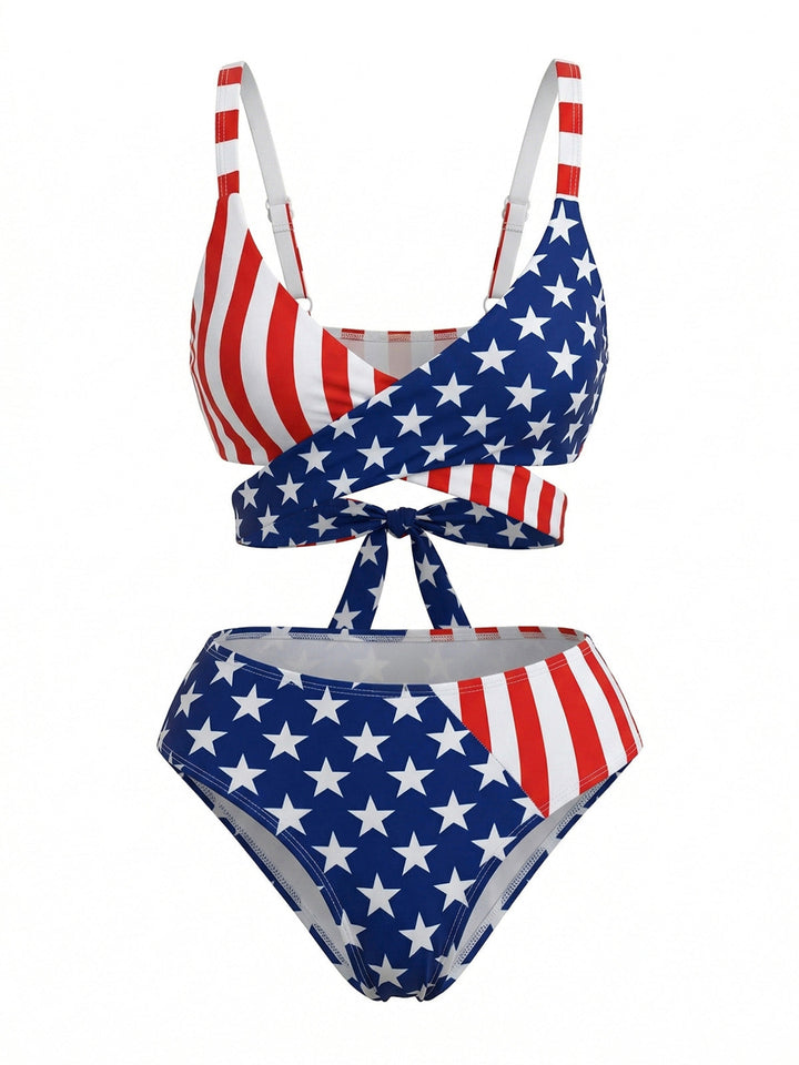 Blue &amp; Red Stripe Star Print Bikini Set - vintage swimsuit, swimwear for vintage lovers