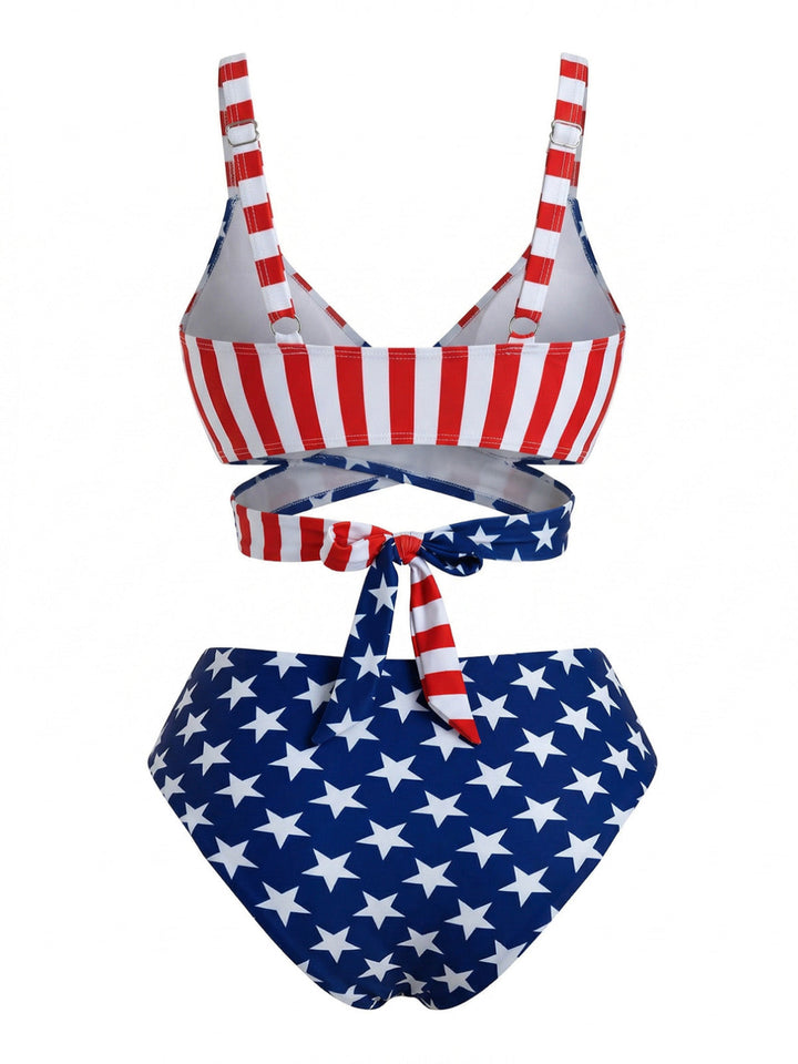 Blue &amp; Red Stripe Star Print Bikini Set - vintage swimsuit, swimwear for vintage lovers