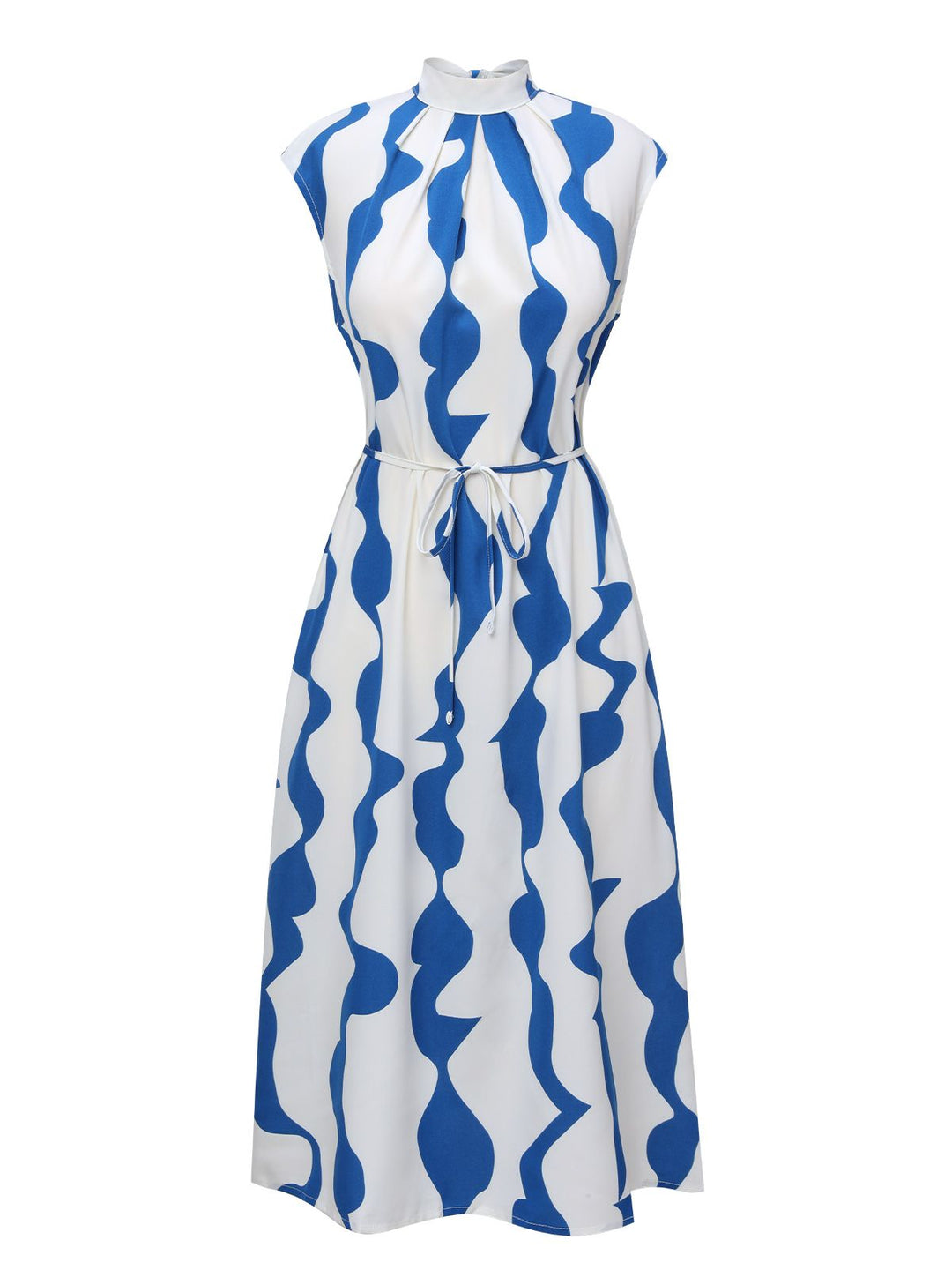Blue &amp; White 1940s Curves Stand Collar Belt Dress, vintage dress, retro fashion - perfect for women who love vintage and retro fashion