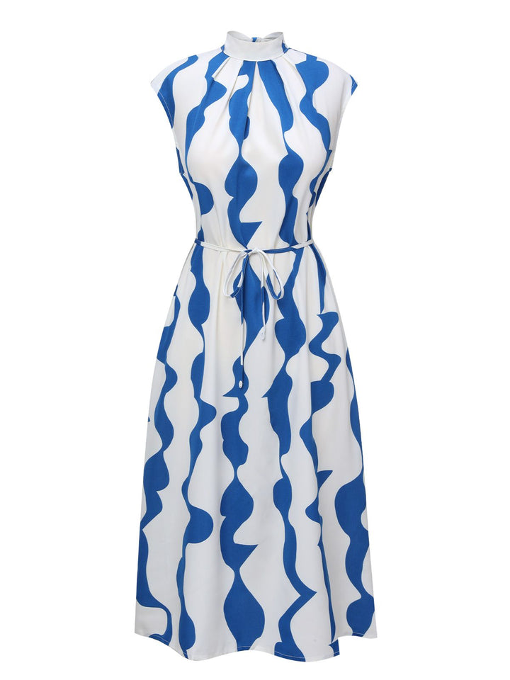 Blue &amp; White 1940s Curves Stand Collar Belt Dress, vintage dress, retro fashion - perfect for women who love vintage and retro fashion