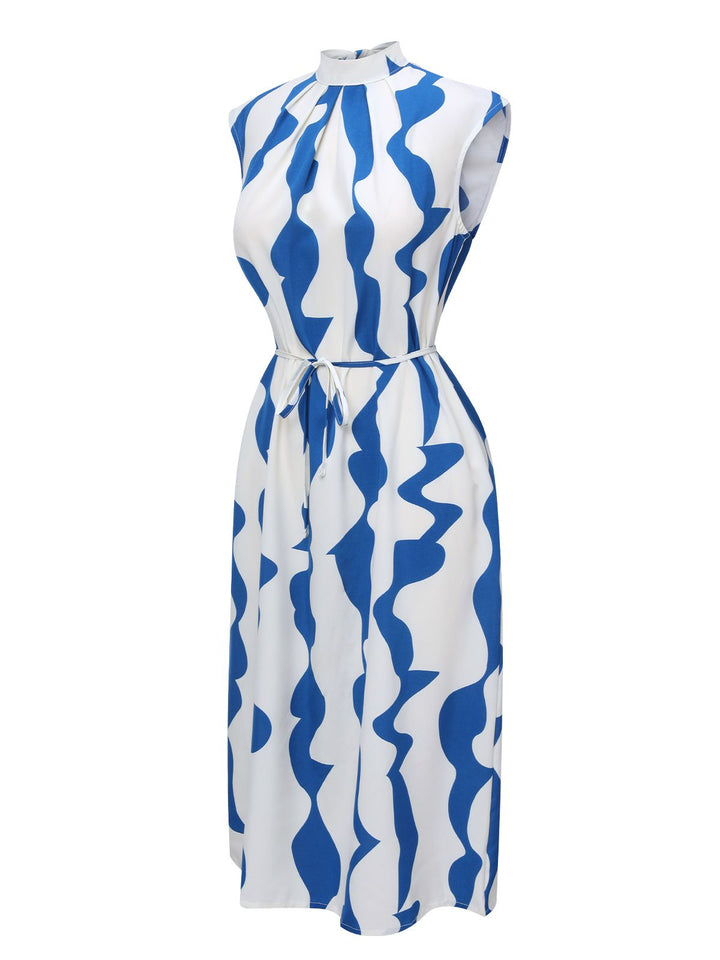 Blue &amp; White 1940s Curves Stand Collar Belt Dress, vintage dress, retro fashion - perfect for women who love vintage and retro fashion
