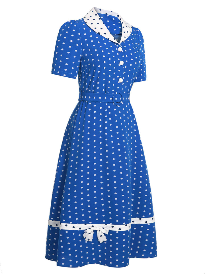 Blue &amp; White 1940s Polka Dot Lapel Dress, vintage dress, retro fashion - perfect for women who love vintage and retro fashion