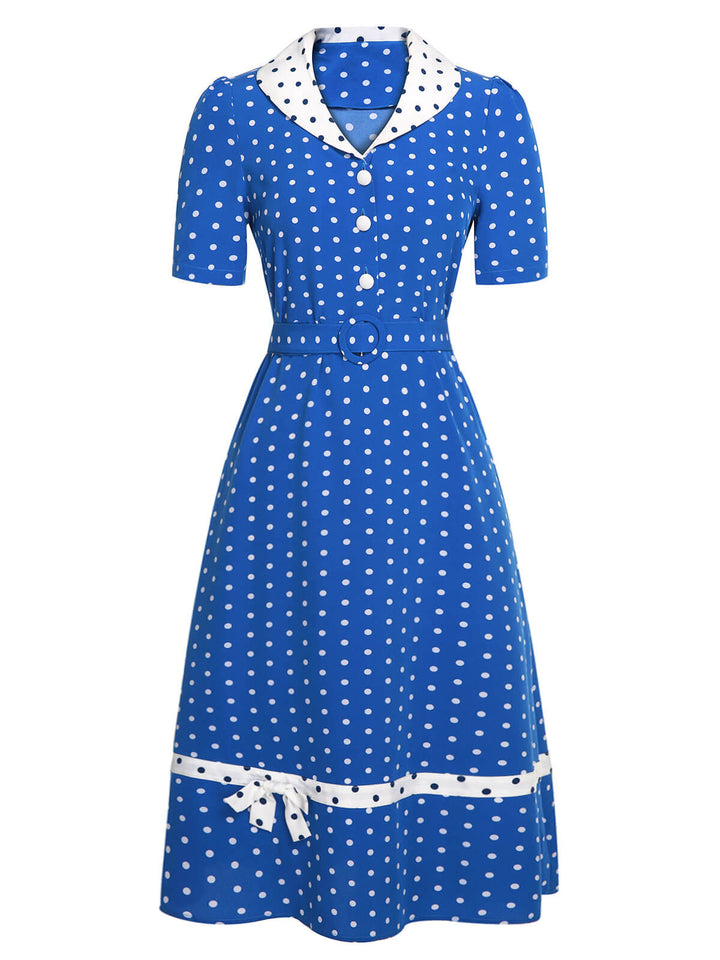 Blue &amp; White 1940s Polka Dot Lapel Dress, vintage dress, retro fashion - perfect for women who love vintage and retro fashion