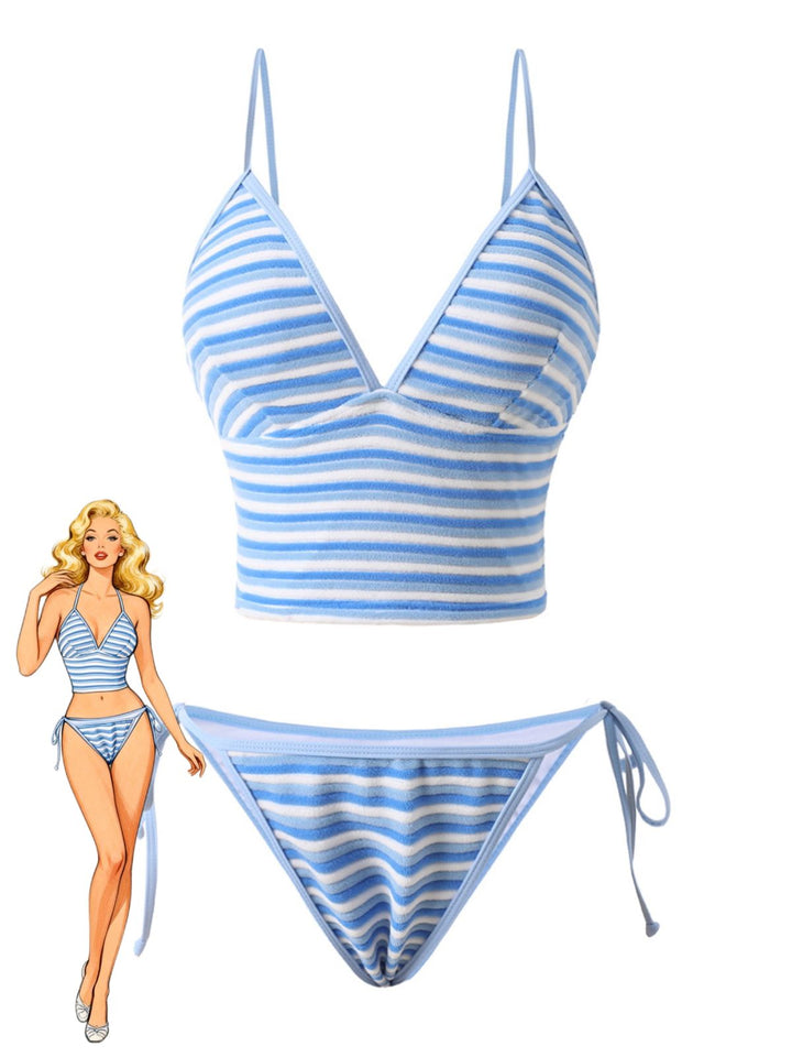 Blue &amp; White 1940s Striped Side Tie Tankini Set - vintage fashion, retro style, pure white