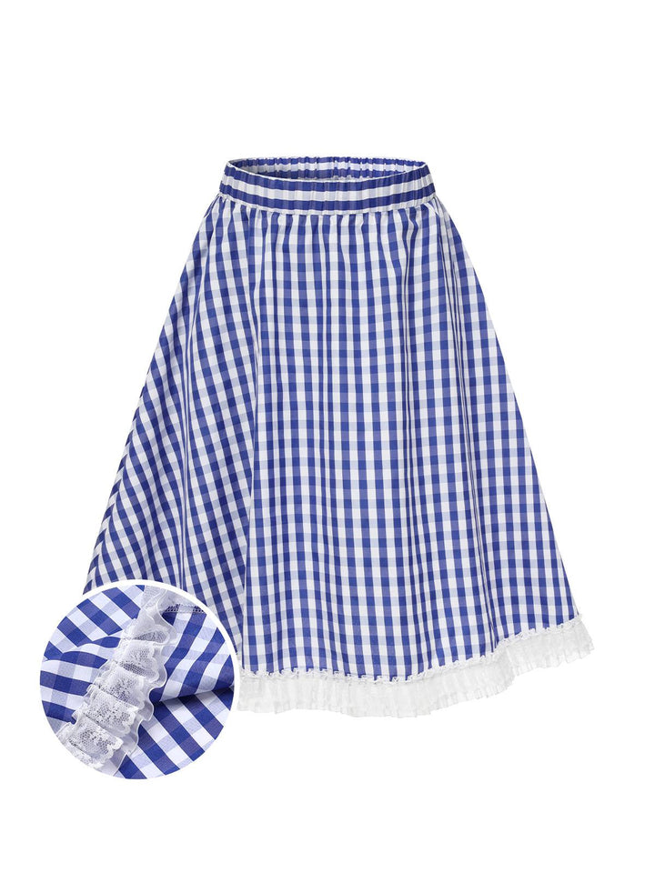 Blue &amp; White 1950s Lace Patchwork Plaid Skirt, vintage skirt, retro style - perfect for women who love vintage and retro fashion